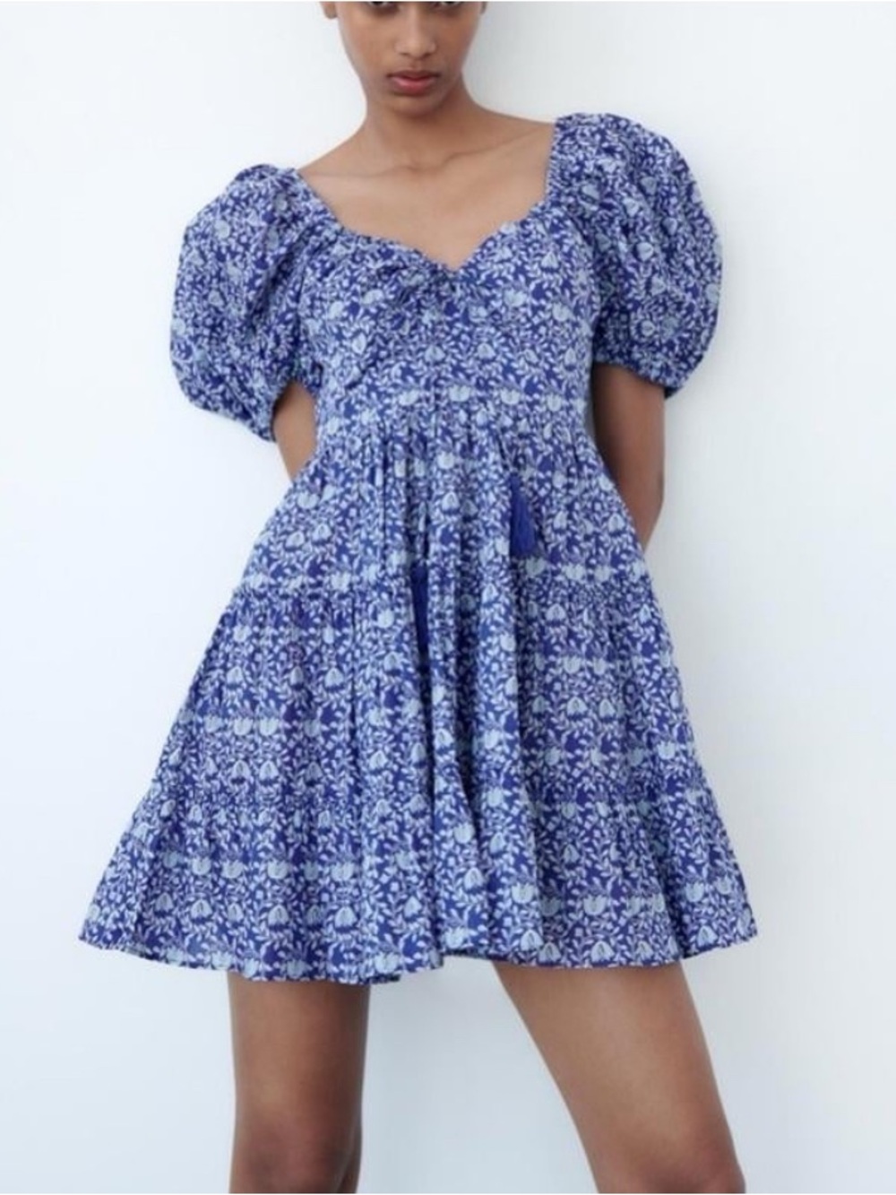 NWT Zara Blue White Floral Smocked Puff Sleeve Square Neck Mini Dress L
